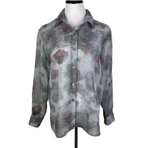 Casual Corner Vintage Floral Sheer‎ Button Down Blouse Women's Medium Gray Pink